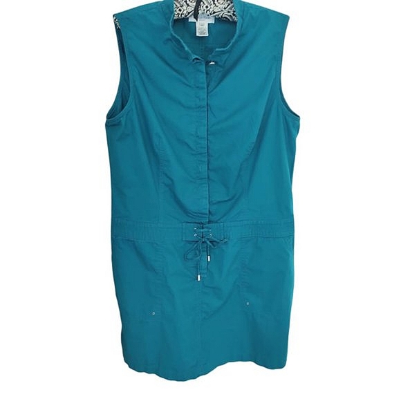 CALVIN KLEIN |  Teal Green Blue Drop Waist Sleeveless Utility Dress | 14 Petite - Picture 9 of 9